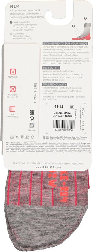 Achterkant van de verpakking van Falke RU4 sokken met maatinformatie en materiaalsamenstelling.