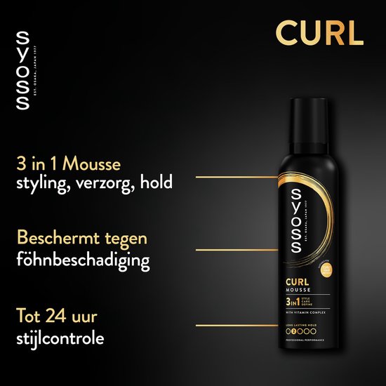 Flacon noir Syoss Curl Mousse avec informations produit : 3en1 style, soin, tenue ; protège contre les dommages du sèche-cheveux ; jusqu'à 24h de contrôle du style.