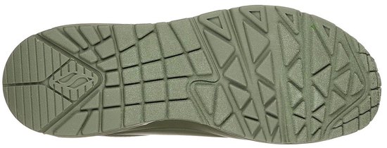 Onderkant van een olijfgroene Skechers sneaker met een gestructureerde zool.