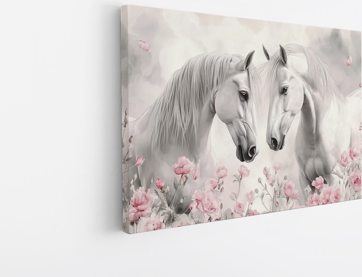 Saammp Canvas Schilderij - 2 Paarden tussen de roze bloemen - Dieren - Natuur - 45x30 - Foto op canvas - Wanddecoratie - muurdecoratie Woonkamer - Slaapkamer decoratie - Canvas Print Multicolor