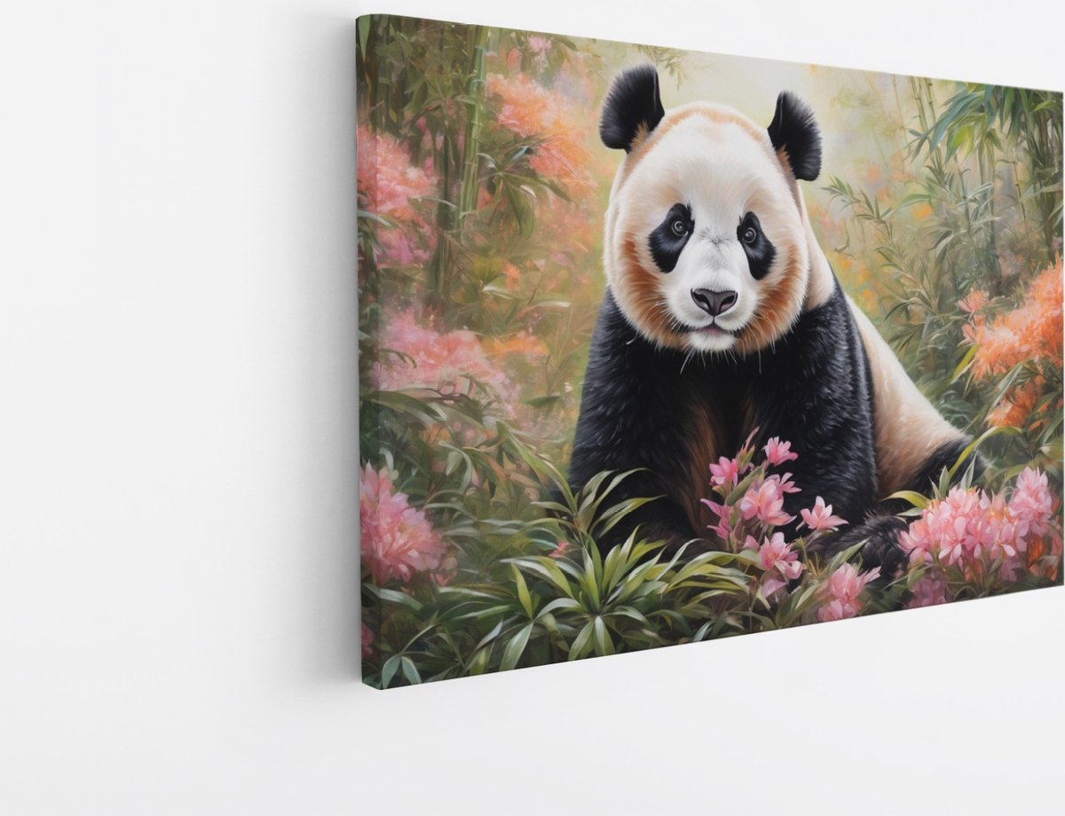 Saammp Canvas Schilderij - Panda tussen de bloemen - Dieren - Abstract - 40x30 - Foto op canvas - Wanddecoratie - Muurdecoratie Woonkamer - Slaapkamer decoratie - Canvas Print Multicolor