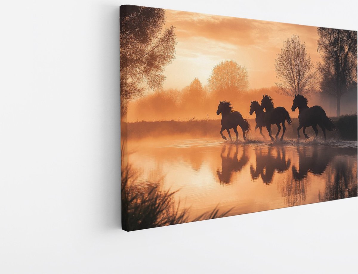 Saammp Canvas Schilderij - Paarden in zonsondergang - Natuur - Dieren - 70x50 - Foto op canvas - Wanddecoratie - Muurdecoratie Woonkamer - Slaapkamer decoratie - Canvas Print Multicolor