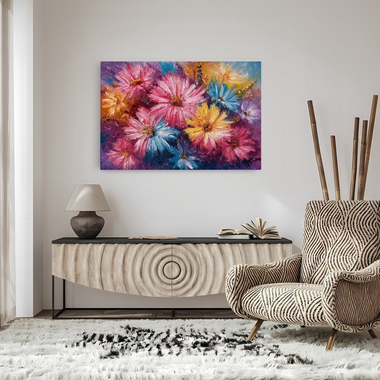 Saammp Canvas Schilderij - Roze - Geel - Bloemen - Abstract - 70x50 - Foto op canvas - Wanddecoratie - Muurdecoratie Woonkamer - Kantoor Decoratie