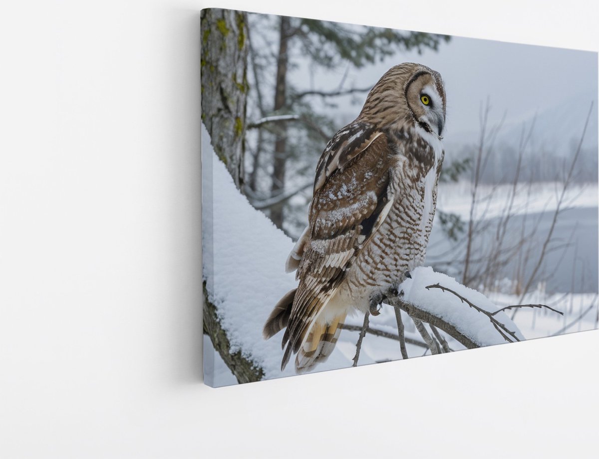 Saammp Canvas Schilderij - Uil in de sneeuw - winter - Dieren - 70x50 - Foto op canvas - Wanddecoratie - muurdecoratie Woonkamer - Slaapkamer decoratie - Canvas Print Multicolor
