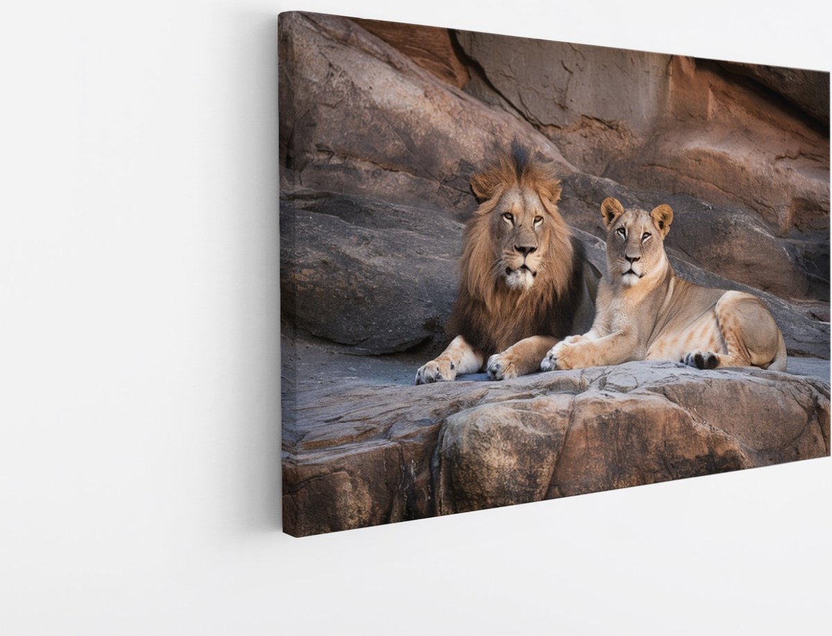Saammp Canvas Schilderij - Leeuw en Leeuwin op Rotsen - Dieren - Natuur - 100x75 - Foto op canvas - Wanddecoratie - Muurdecoratie Woonkamer - Slaapkamer decoratie - Canvas Print Multicolor