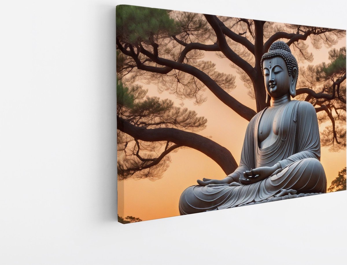 Saammp Canvas Schilderij - Boeddha Naast Boom - 60x40 - Foto op canvas - Wanddecoratie - Muurdecoratie Woonkamer - Canvas schilderijen Multicolor