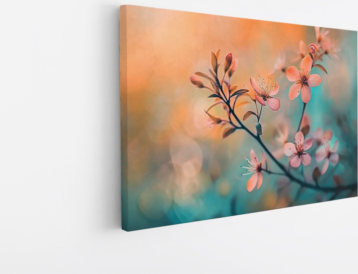Saammp Canvas Schilderij - Oranje bloemen aan tak - Natuur - botanisch - 60x40 - Foto op canvas - Wanddecoratie - Muurdecoratie Woonkamer - Woonkamer Decoratie Multicolor