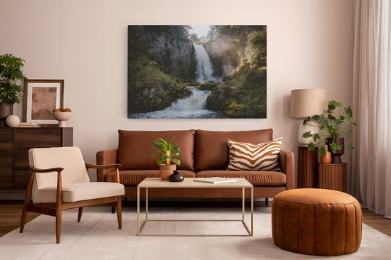 Saammp Canvas Schilderij - Waterval tussen de rotsen - Bos - Landschap - Natuur - 150x100 - Foto op canvas - Wanddecoratie - Muurdecoratie Woonkamer - Slaapkamer decoratie - Canvas Print