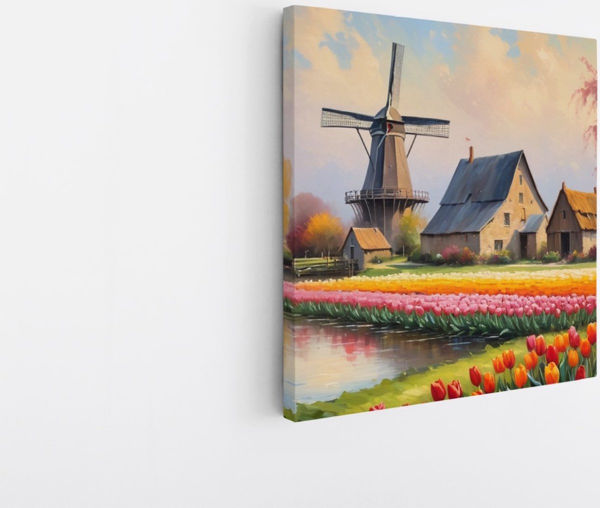 Saammp Canvas Schilderij - Landschap - Abstracte molen met tulpen - Natuur - 20x20 - Foto op canvas - Wanddecoratie - Muurdecoratie Woonkamer - Slaapkamer decoratie - Canvas Print Multicolor