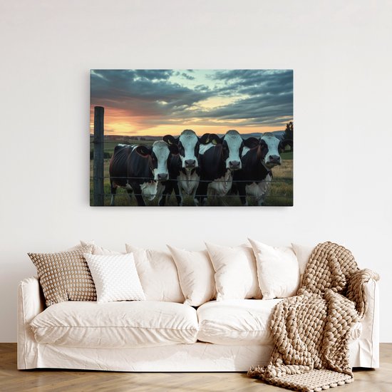 Tableau sur toile Saammp - Vaches à la clôture - Paysage - Animaux - Nature - 120x80 - Photo sur toile - Décoration murale - Décoration murale murale Salon - Décoration chambre - Impression sur toile