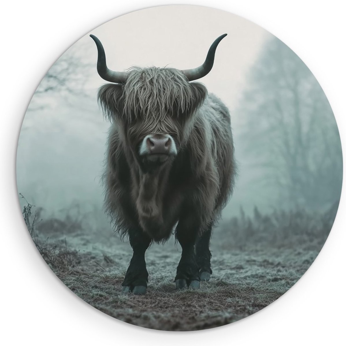 Saammp Muurcirkel Hout Schotse Hooglander Koe tussen de lavendel bloemen - Dieren - Natuur - Ø 70 - Wandcirkel - Wanddecoratie Cirkel - muurdecoratie Woonkamer - Slaapkamer decoratie - Rond Schilderij