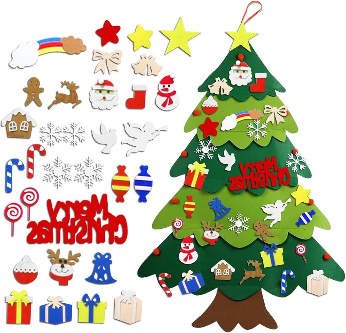 Doe-het-zelf vilten kerstboom voor kinderen - vilten dennenboom versieringsset - 32 stuks afneembare kerstversiering - wanddecoratie deur .