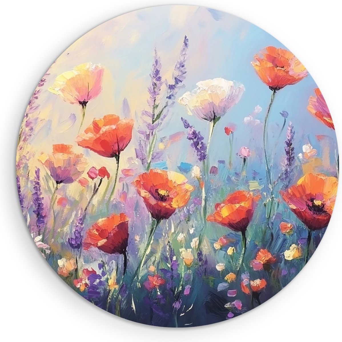 Saammp Muurcirkel Hout - Kleurrijk Bloemenveld Abstract - Natuur - bloemen - Ø 40 - Wandcirkel - Wanddecoratie Cirkel - Muurdecoratie Woonkamer - Kantoor Decoratie