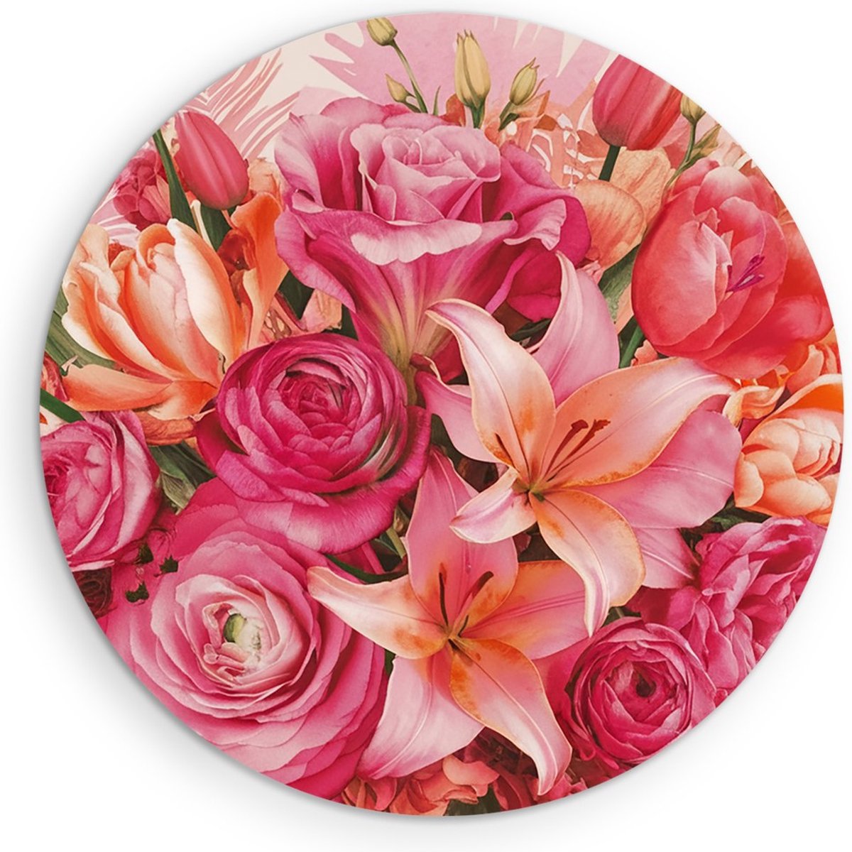 Saammp Forex Muurcirkel - Bloemen Boeket Roze en Oranje - Natuur - Abstract - Ø 80 - Wandcirkel - Wanddecoratie Cirkel - Muurdecoratie Woonkamer - Kantoor Decoratie