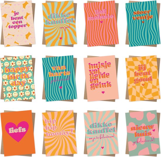12x hippe gekleurde kaartjes (13x18 formaat) in RETROLOOK - kaartjes om te versturen-kaartenset-kaartjes blanco-kaartjes met tekst-wenskaarten