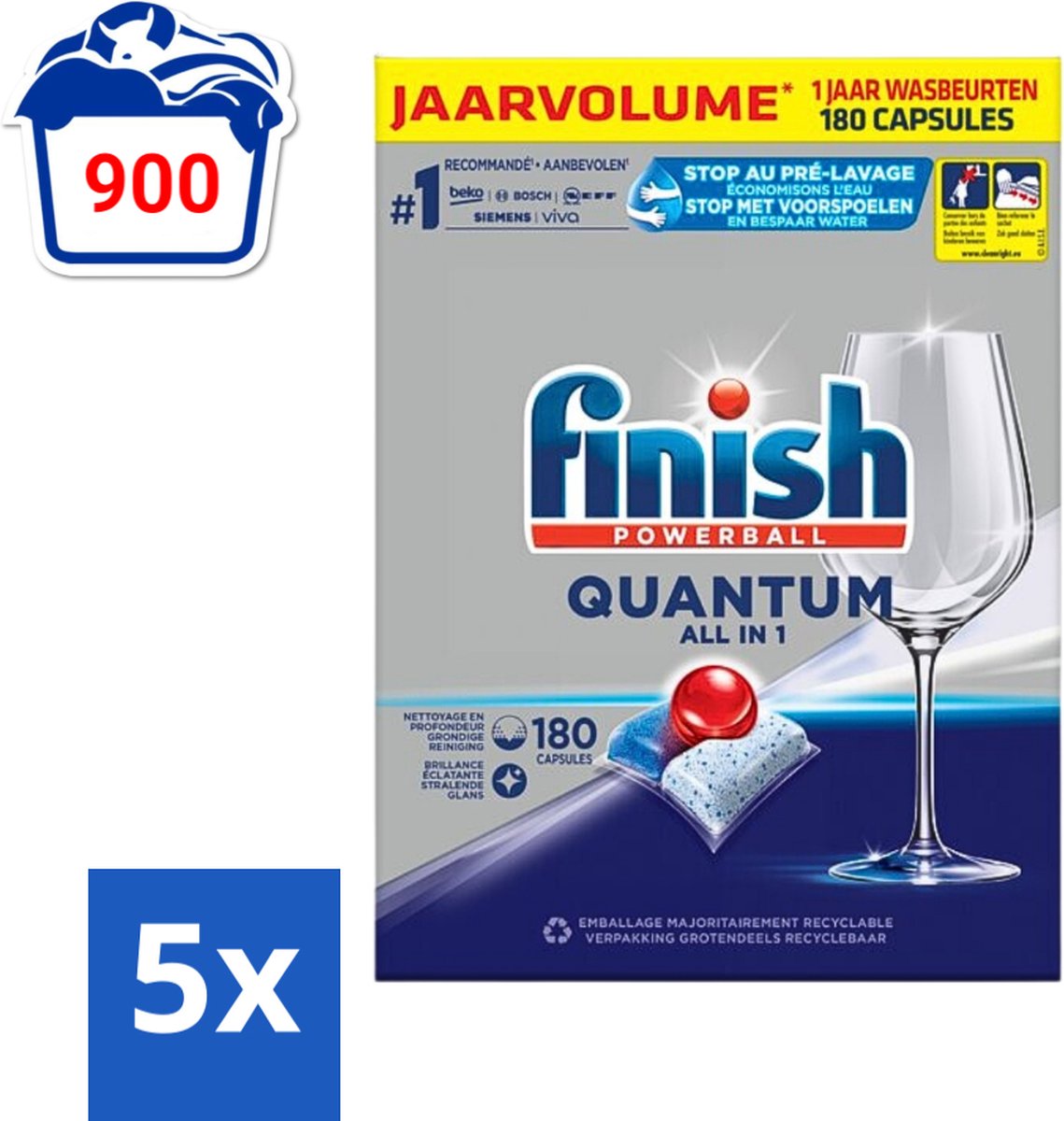 5 x Finish Powerball - Quantum All in 1 - Vaatwastabletten - 180 Tabletten - Vaatwassen - Vaatwastabletten - Vaatwasmiddel - Vaatwasmiddel Tabletten - Vaatwasmiddel Quantum