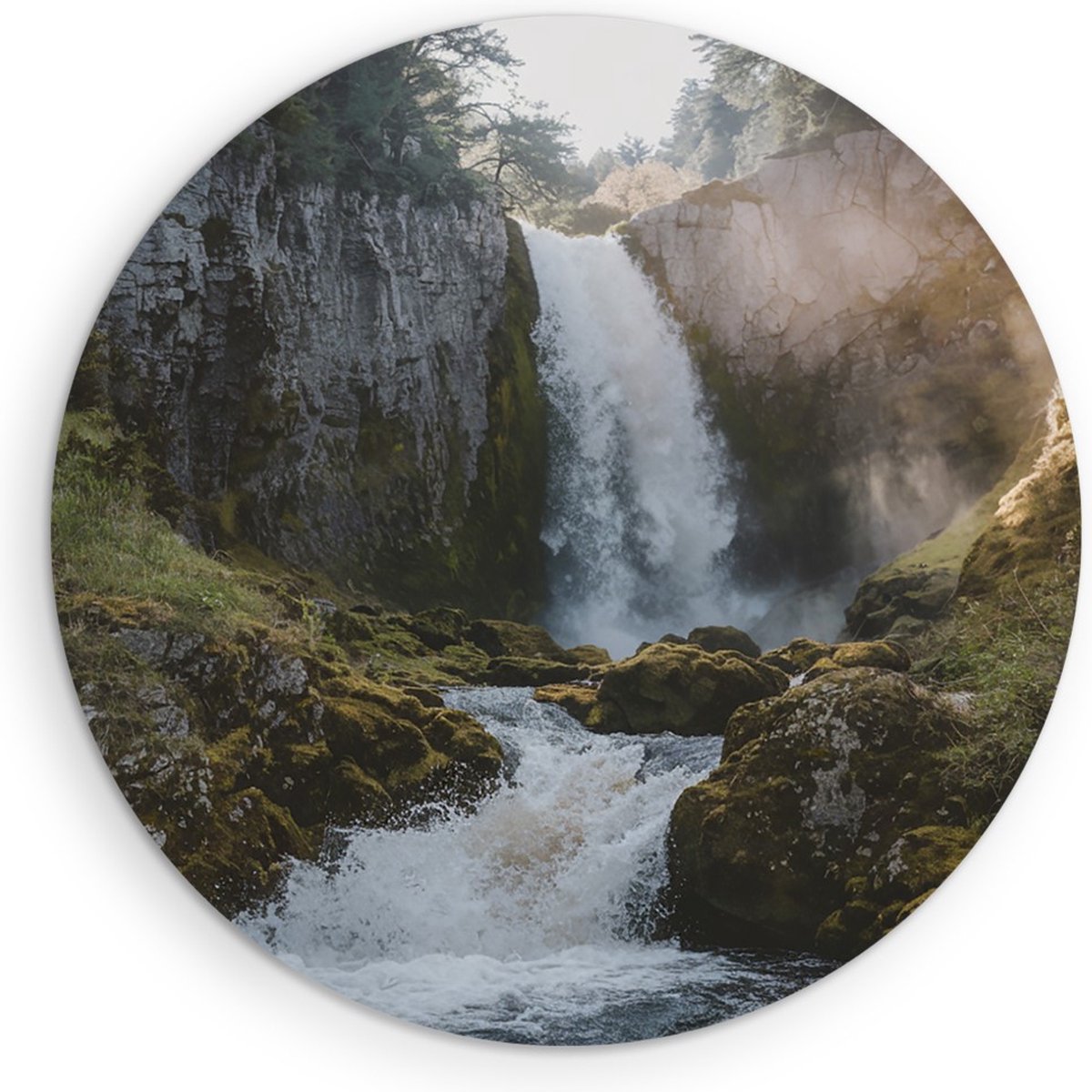 Saammp Muurcirkel Hout - Waterval tussen de rotsen - Bos - Landschap - Natuur - Ø 90 - Wandcirkel - Wanddecoratie Cirkel - Muurdecoratie Woonkamer - Slaapkamer decoratie - Rond Schilderij