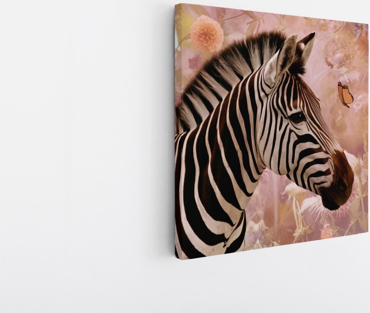 Saammp Canvas Schilderij - Zebra tussen de bloemen - Vlinder - Natuur - Dieren - 40x40 - Foto op canvas - Wanddecoratie - Muurdecoratie Woonkamer - Slaapkamer decoratie - Canvas Print Multicolor