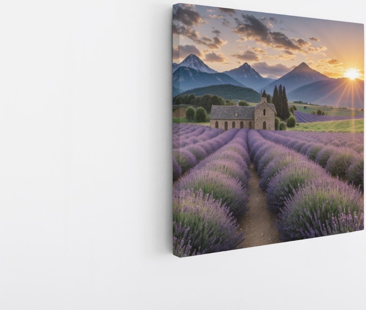 Saammp Canvas Schilderij - Landschap - Lavendel tusen de bergen - Natuur - 30x30 - Foto op canvas - Wanddecoratie - Muurdecoratie Woonkamer - Slaapkamer decoratie - Canvas Print Multicolor