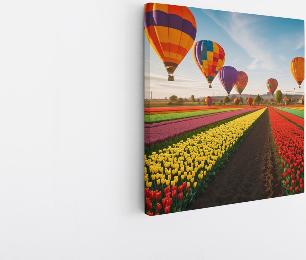 Saammp Canvas Schilderij - Landschap - Luchtballonnen boven een tulpenveld - Natuur - 30x30 - Foto op canvas - Wanddecoratie - Muurdecoratie Woonkamer - Slaapkamer decoratie - Canvas Print Multicolor