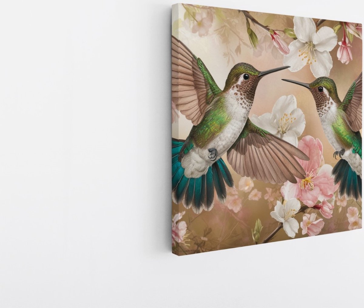 Saammp Canvas Schilderij - 2 Kolibries tussen de bloemen - Dieren - Bloemen - 100x100 - Foto op canvas - Wanddecoratie - muurdecoratie Woonkamer - Slaapkamer decoratie - Canvas Print Multicolor