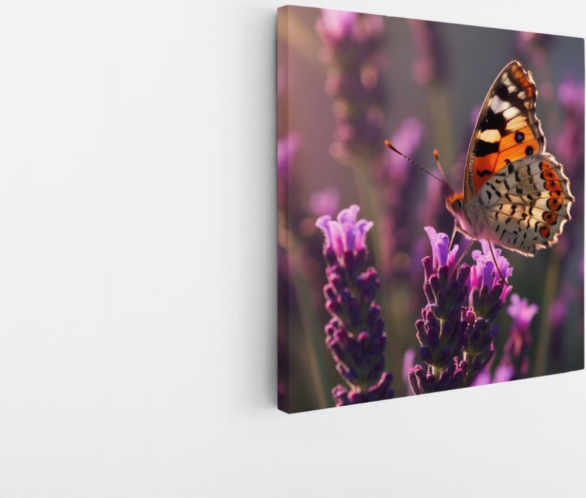 Saammp Canvas Schilderij -Vlinder op lavendel bloem - Dieren - 100x100 - Foto op canvas - Wanddecoratie - muurdecoratie Woonkamer - Slaapkamer decoratie - Canvas Print Multicolor