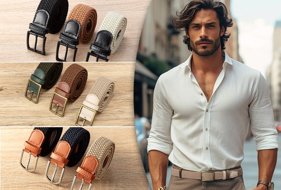 The Trend Set de Ceintures Élastiques - 3 Pièces - Boucle Bronze - Design Tressé - Unisexe - Vert/Marron/Beige