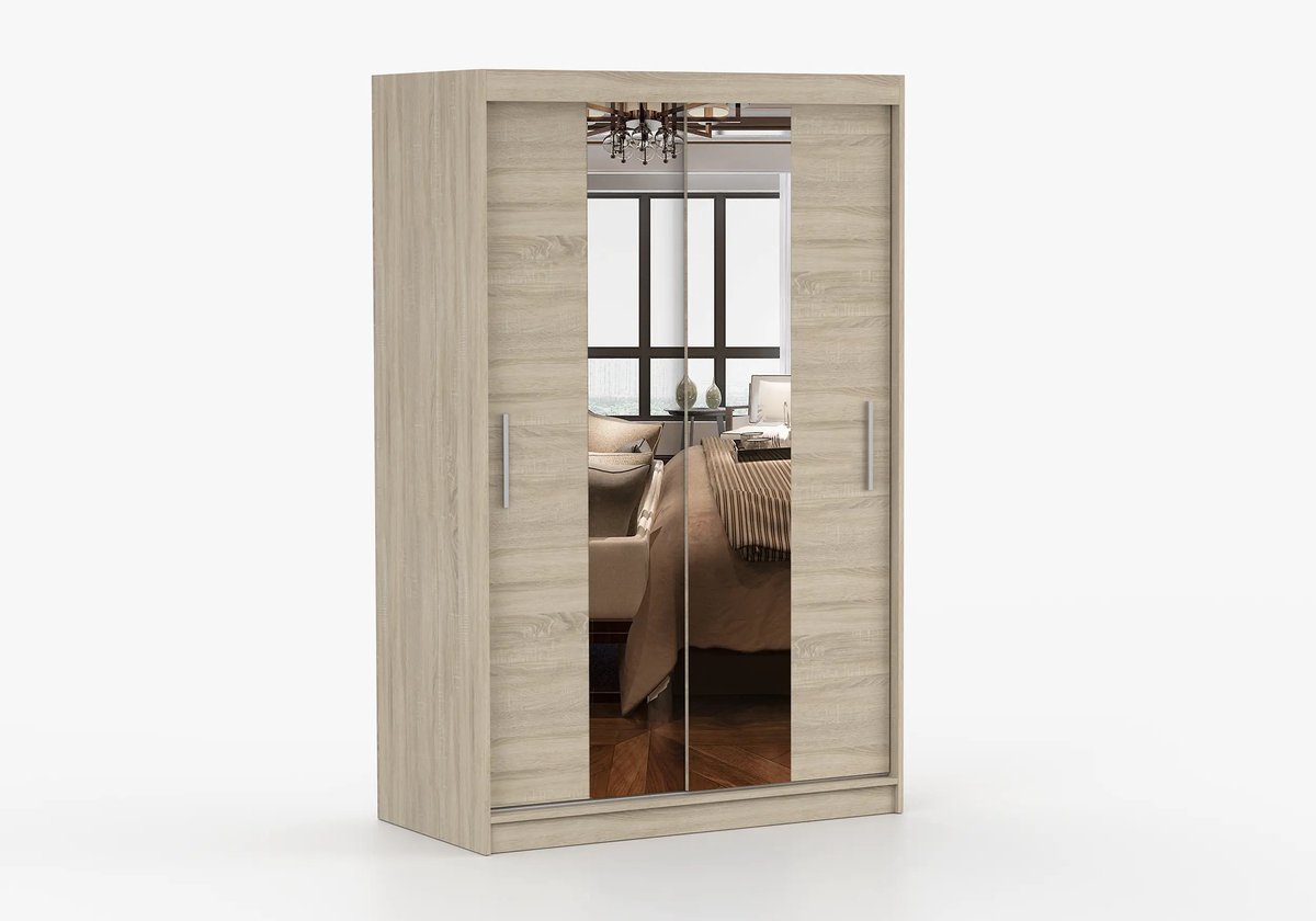 Schuifdeurkast NOAH 01 – 2-deurs kledingkast met spiegel, legplanken en kledingroede – modern design – 120x200x61 cm - NOAH 01 (Sonoma)