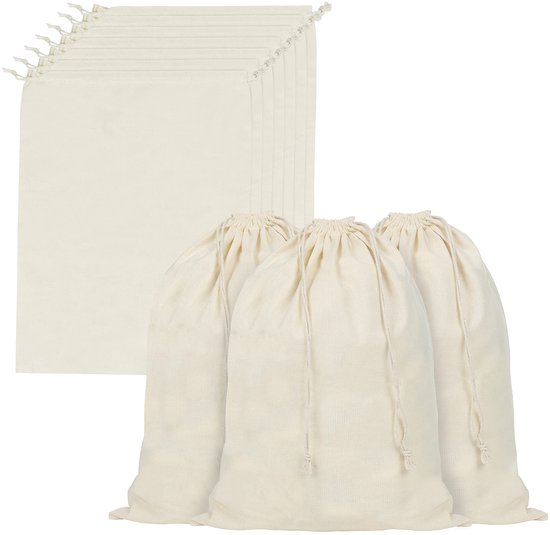 Belle Vous Tassen de Rangement en Mousseline de Coton avec Cordon de Serrage (Lot de 10) - L30 x H40 cm - Tassen en Toile Végétale Réutilisables, Biodégradables & Eco