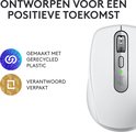 Witte Logitech MX Anywhere 3S muis met tekst over gerecycled plastic en verantwoorde verpakking.