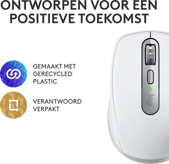 Witte Logitech MX Anywhere 3S muis met tekst over gerecycled plastic en verantwoorde verpakking.