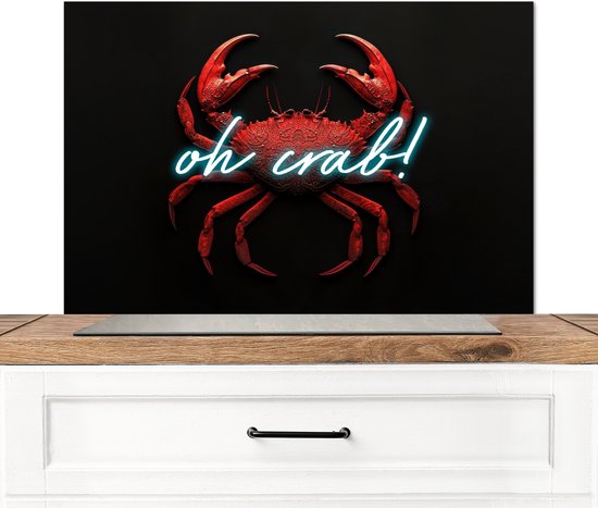 Crédence de Cuisinière en Aluminium 80x55 cm - Crabe - Rouge - Néon - Citation - Écran Pare-éclaboussures pour Plaque de Cuisson - Protection Murale