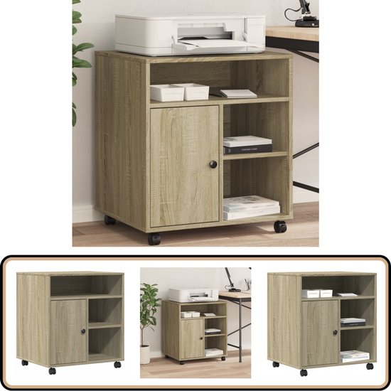 VidaXL Printerkastje 3-Laags 43x48x64 Cm Sonoma Eiken - Printerstandaard Met Wielen En Organizer