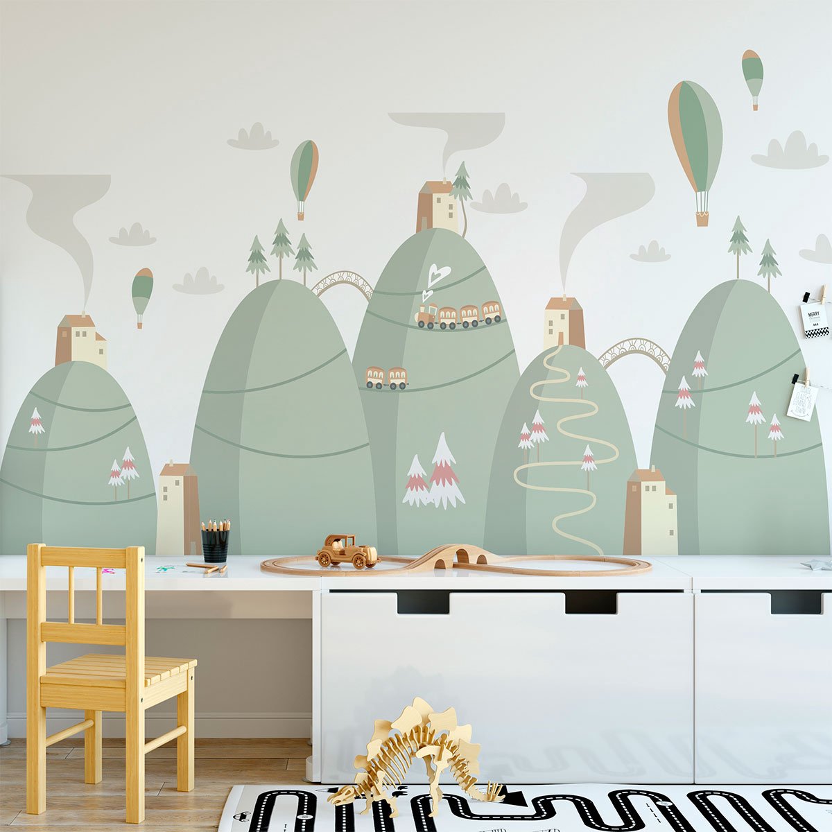Ambiance Sticker Scandinavische bergstickers met luchtballonnen in de stad, 80 x 120 cm Multi color