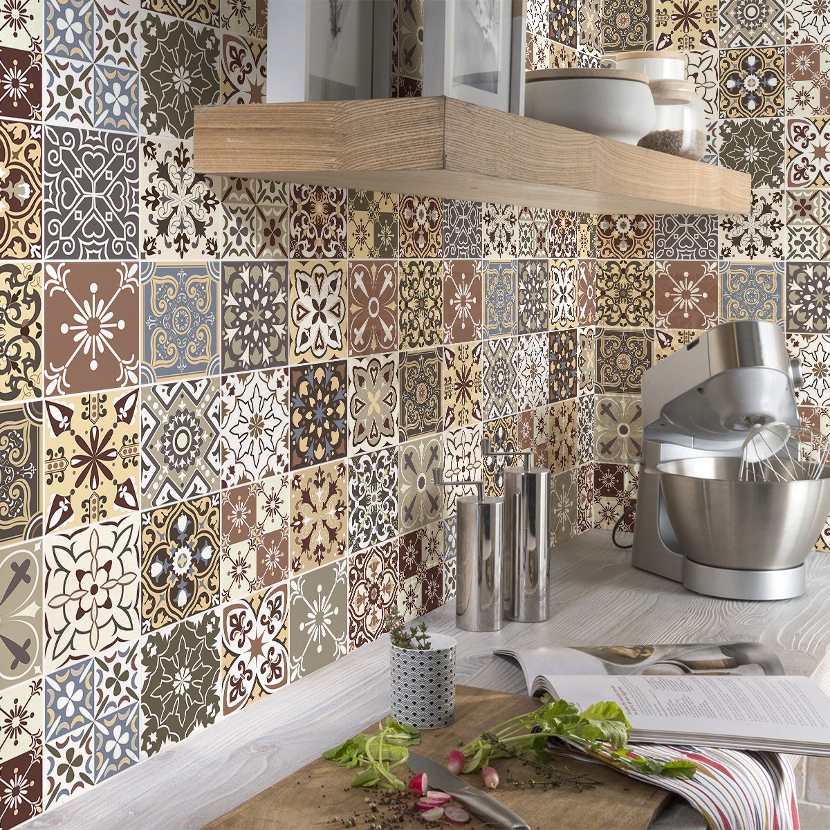 Ambiance Sticker Zelfklevende tegelmuurstickers voor keuken en badkamer - 30 cementtegelstickers, Azulejos-stijl, Sinofiona - 30 stickers, 20x20 cm Multi color