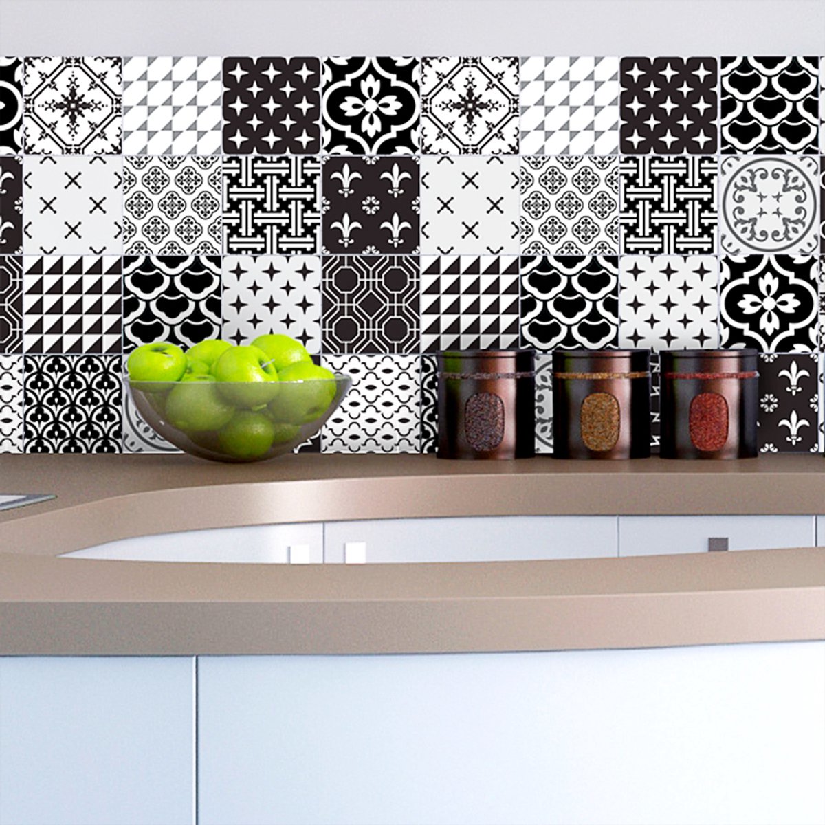 Ambiance Sticker Zelfklevende tegelmuurstickers voor keuken en badkamer - 16 tegelstickers, antieke ornamenten, grijstinten - 16 stickers, 10x10cm Multi color