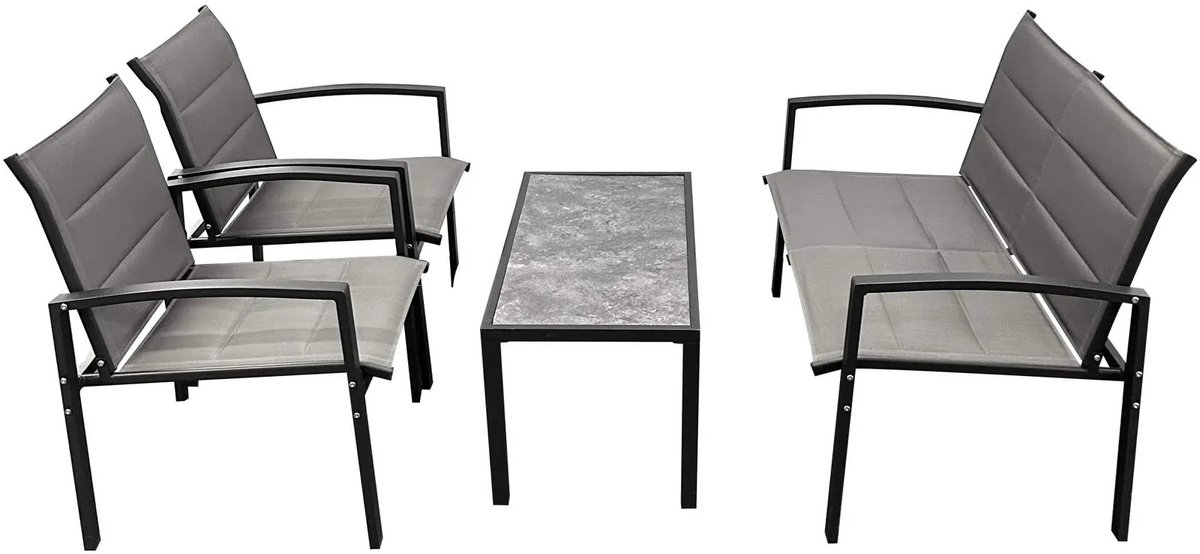 Kynast Loungeset 4 delig van metaal met bank, 2 stoelen en tafel zwart grijs, voor binnen en buiten 4 delige tuinset