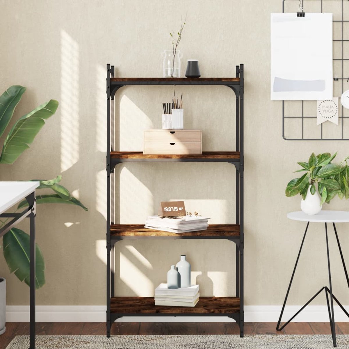 The Living Store Boekenkast 4-laags 60x30x120 cm bewerkt hout gerookt eikenkleur - Boekenkast - Industrieel - Houten Boekenkast - Bruine Boekenkast - Vintage Boekenkast