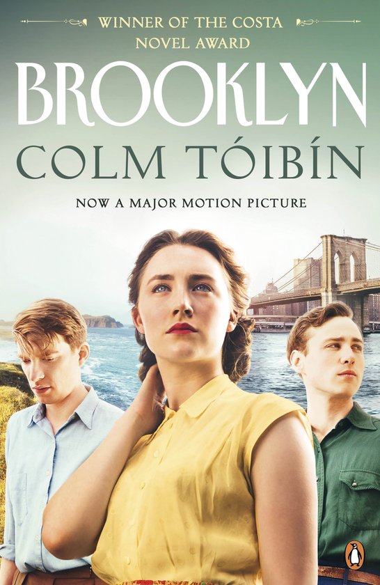 Boek "Brooklyn" van Colm Tóibín. De omslag toont een jonge vrouw in een gele jurk, met twee mannen ernaast, de Brooklyn Bridge op de achtergrond.