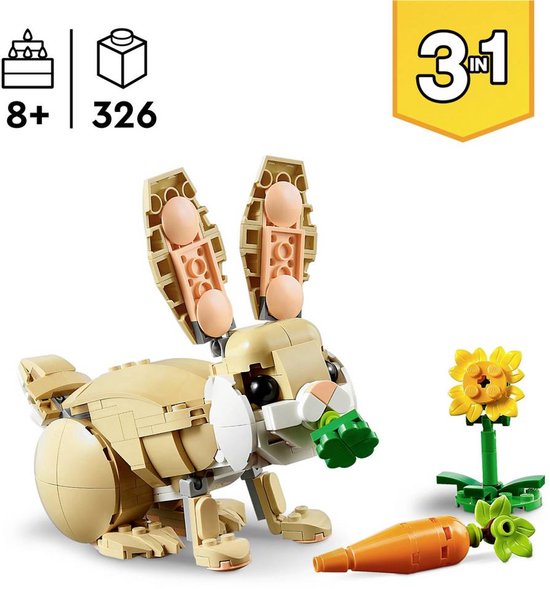 Lapin LEGO avec feuilles vertes de carotte, avec fleur, fond blanc.