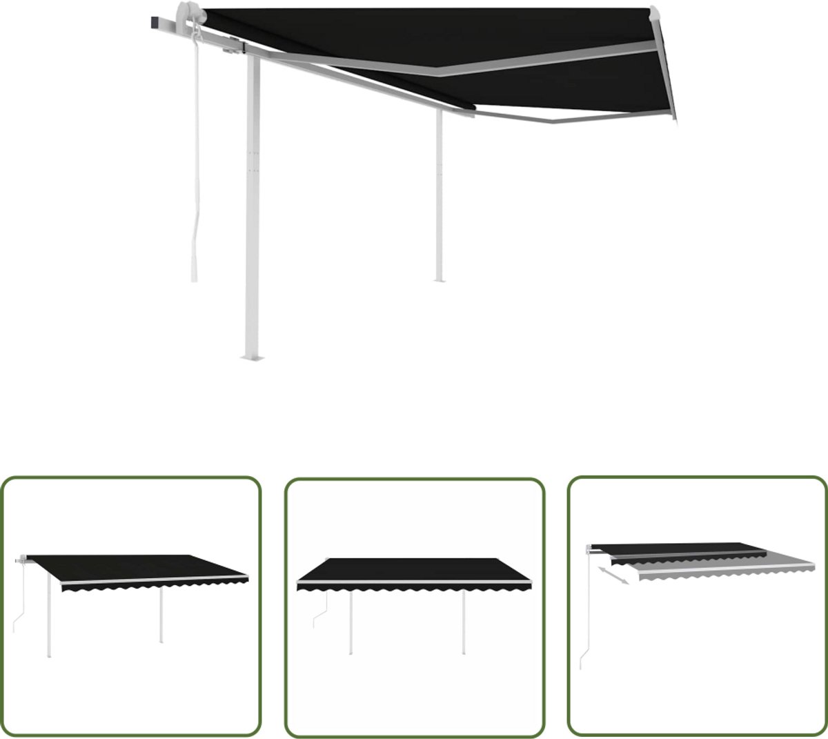 Automatic retractable 4x3m charcoal-colored awning with poles - Sun protection for outdoor spaces - Parasol - Canopy - Veranda
