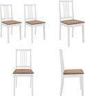 Cinq images de chaises de salle à manger blanches avec assises marron. Différents angles et paires.