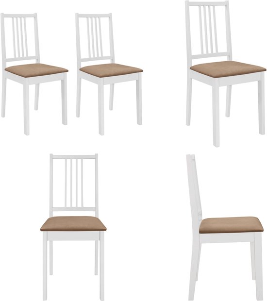 Cinq images de chaises de salle à manger blanches avec assises marron. Différents angles et paires.