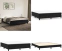 Zwart boxspringbed met witte matras, vierkante poten en een gestoffeerde basis.