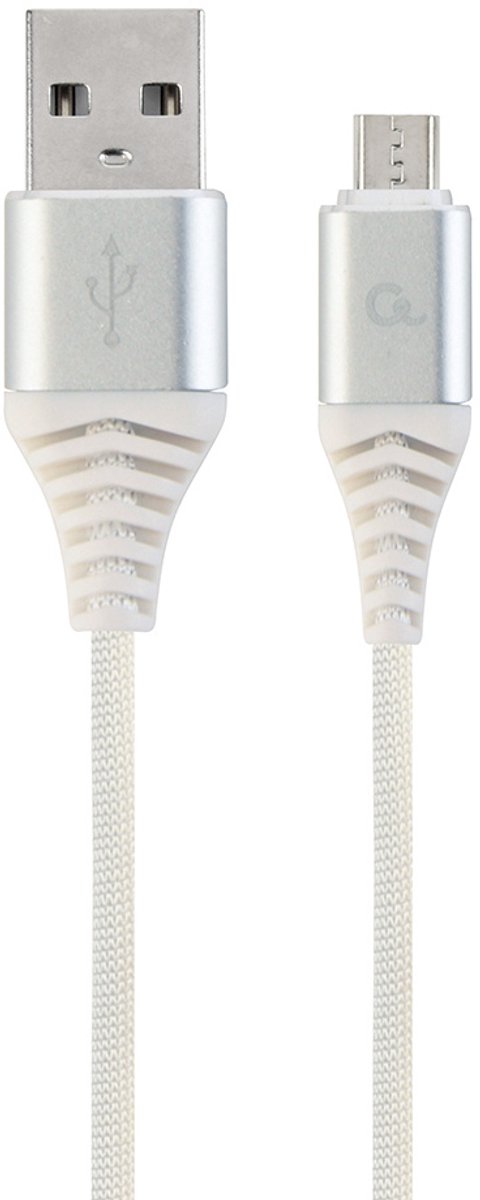 Premium micro-USB laad- & datakabel 'katoen', 2 m, zilver/wit