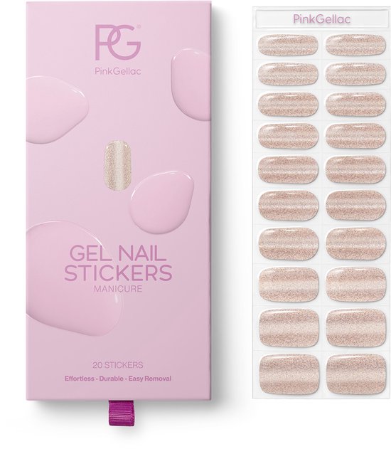 Roze verpakking met 'Gel Nail Stickers Manicure' en een vel met 20 champagne gouden glitter nagelstickers.