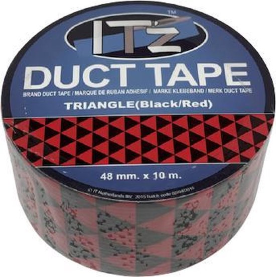 Rol IT'z Duct Tape Triangle (zwart/rood). Zwart-rode driehoekjespatroon op de tape. Afmeting 48 mm x 10 m.