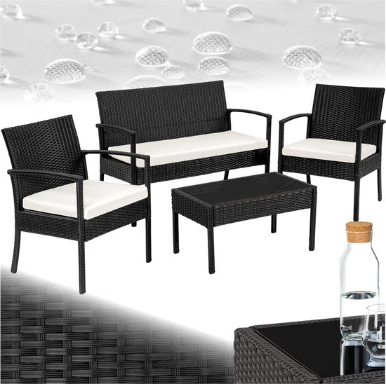 tectake® Tuinset 4 persoons - 2 Tuinstoelen - Tuintafel - Tuinbank - Wicker - Zwart - Geschikt voor tuin, balkon, terras, lounge of serre - Weer- en UV-bestendig
