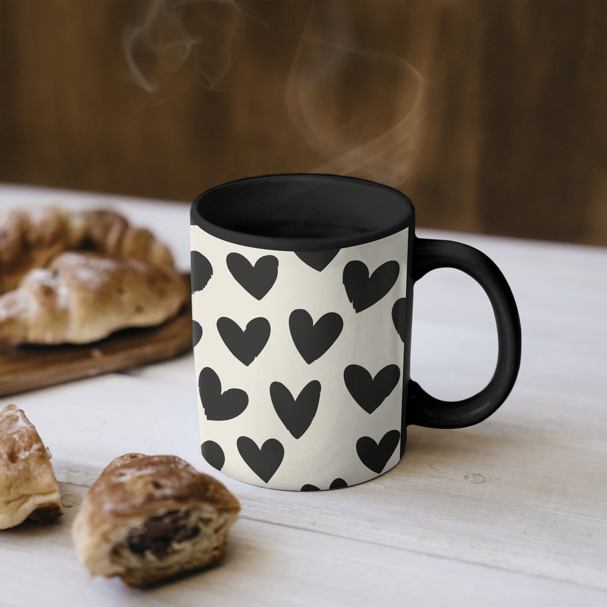 Magische Mok - Foto op Warmte Mokken - Koffiemok - Hartjes - Zwart - Beige - Magic Mok - Beker - 350 ML - Theemok