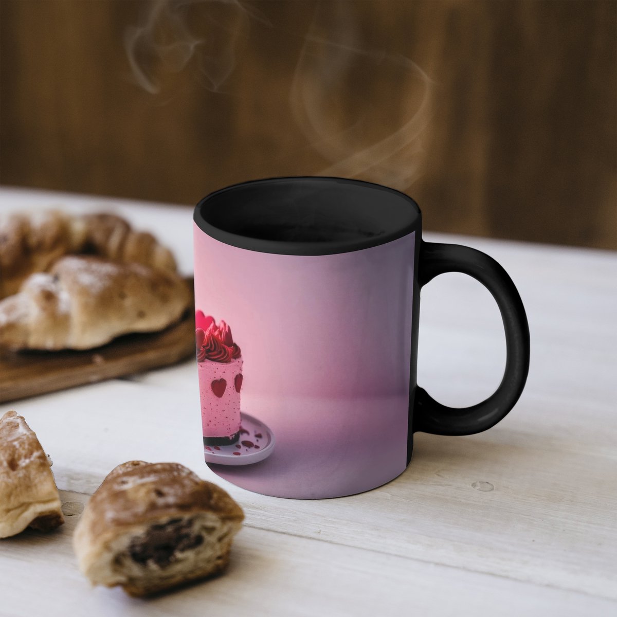 Magische Mok - Foto op Warmte Mokken - Koffiemok - Taart - Hart - Roze - Magic Mok - Beker - 350 ML - Theemok